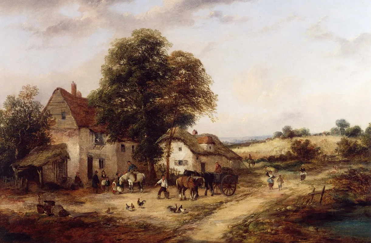 A Farmyard With Figures Horses