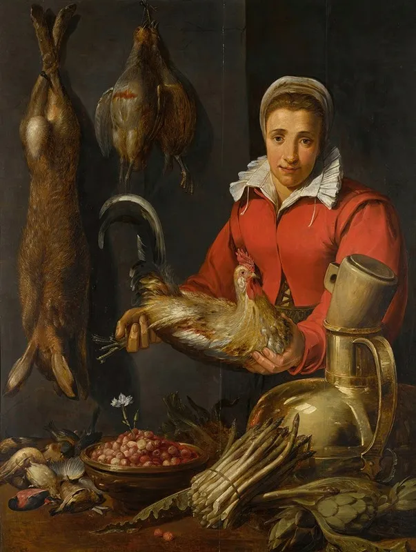 A Female Merchant Holding A Cockerel With Game Asparagus Artichokes Utensils And A Bowl Of Wild Strawberries