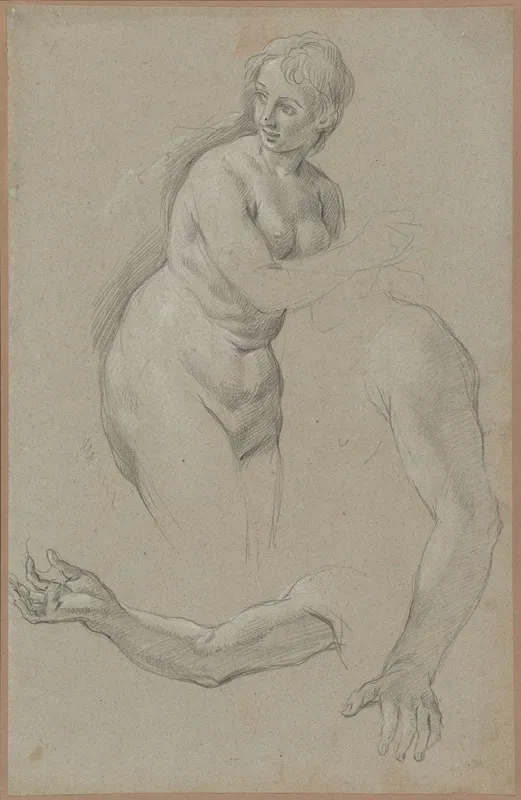 A Female Nude And Two Studies Of An Arm One Holding A Miniature Wall Art by School of Carlo Maratti - High-Resolution Digital Print