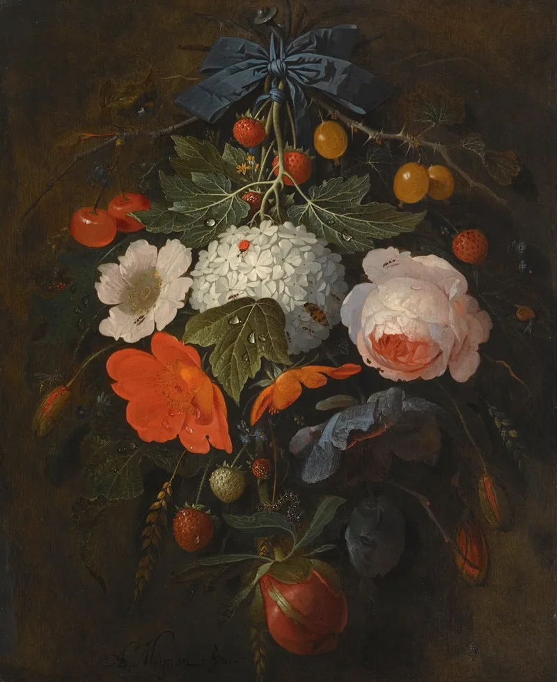 A Festoon Of Flowers And Fruit Including A Pink Rose A Poppy A Snowball Gooseberries And Fraises De Bois Along With A Variety Of Insects Wall Art by Abraham Mignon - High-Resolution Digital Print