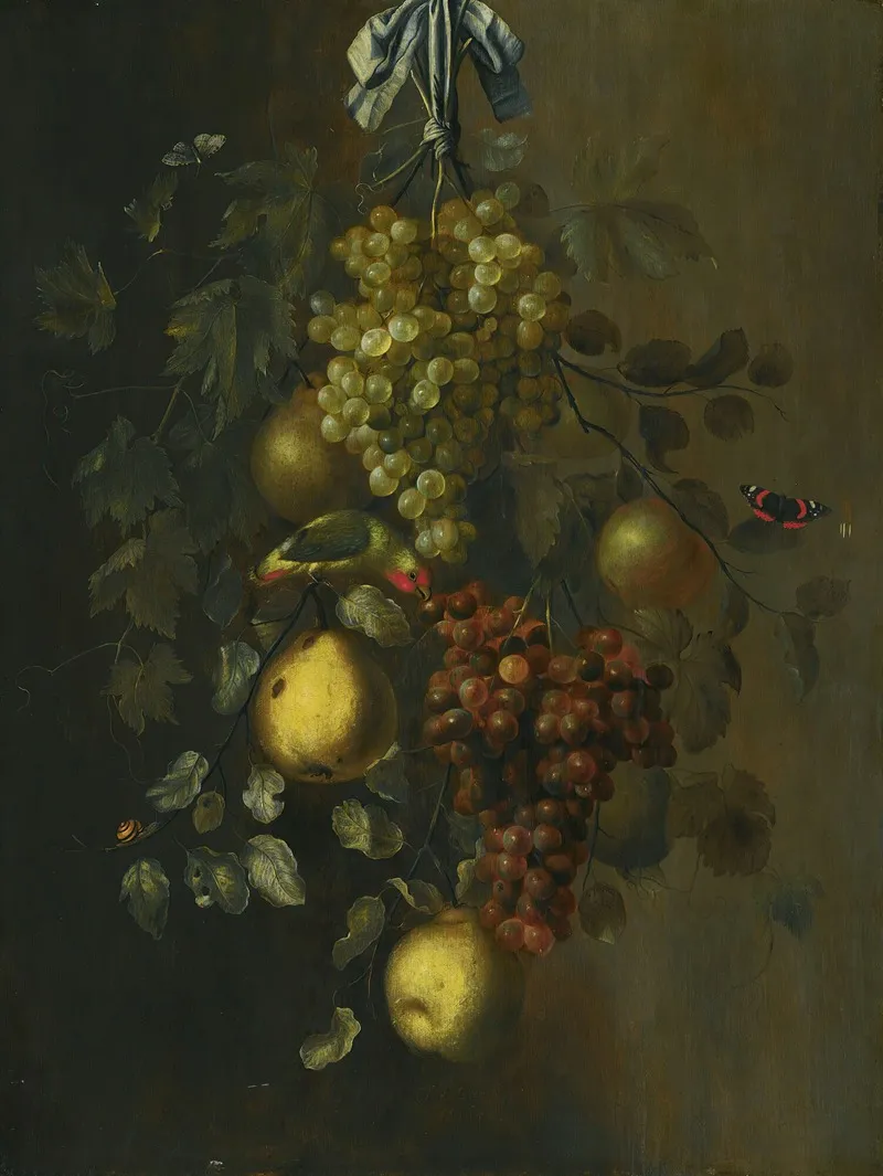 A Festoon Of Grapes Apples And Pears Hanging From A Nail With Snails Butterflies And A Parrot Wall Art by Gillis Gillisz. de Bergh - High-Resolution Digital Print