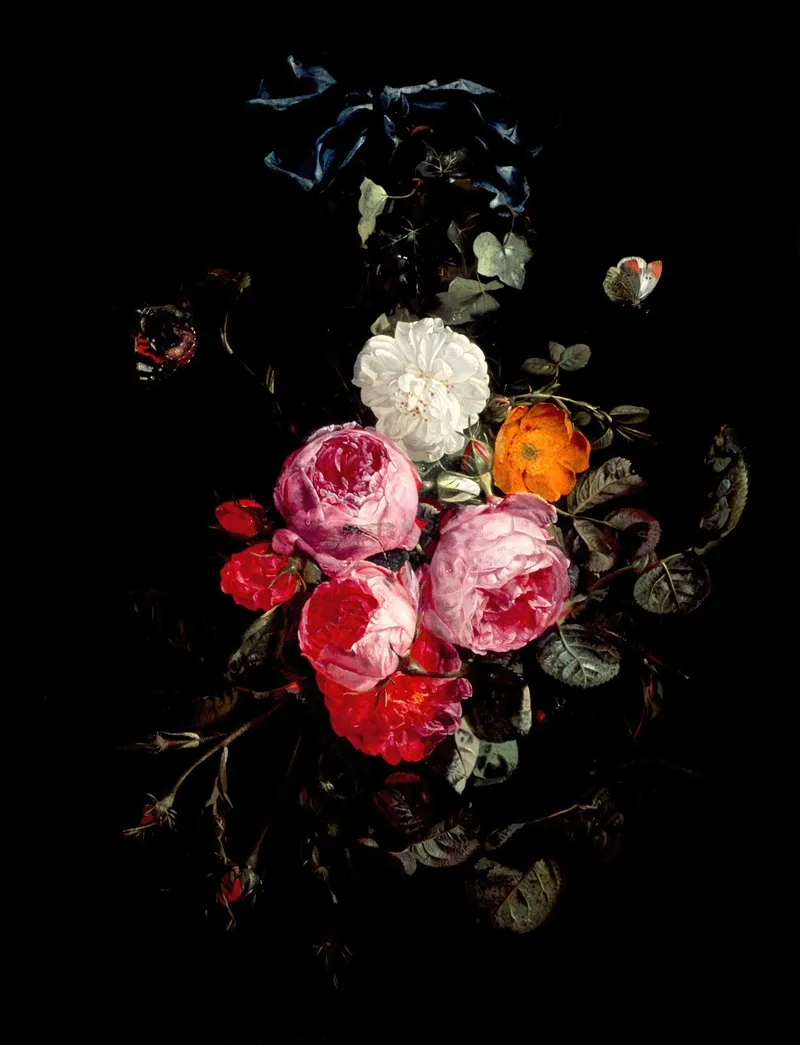 A Festoon Of Roses Hanging From A Blue Ribbon With Butterflies And Insects Wall Art by Carstian Luyckx - High-Resolution Digital Print