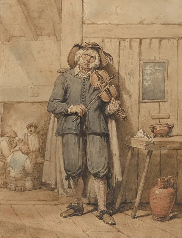 A Fiddler In A Tavern With Three Men In The Background Wall Art by Johannes Hendrik van West - High-Resolution Digital Print