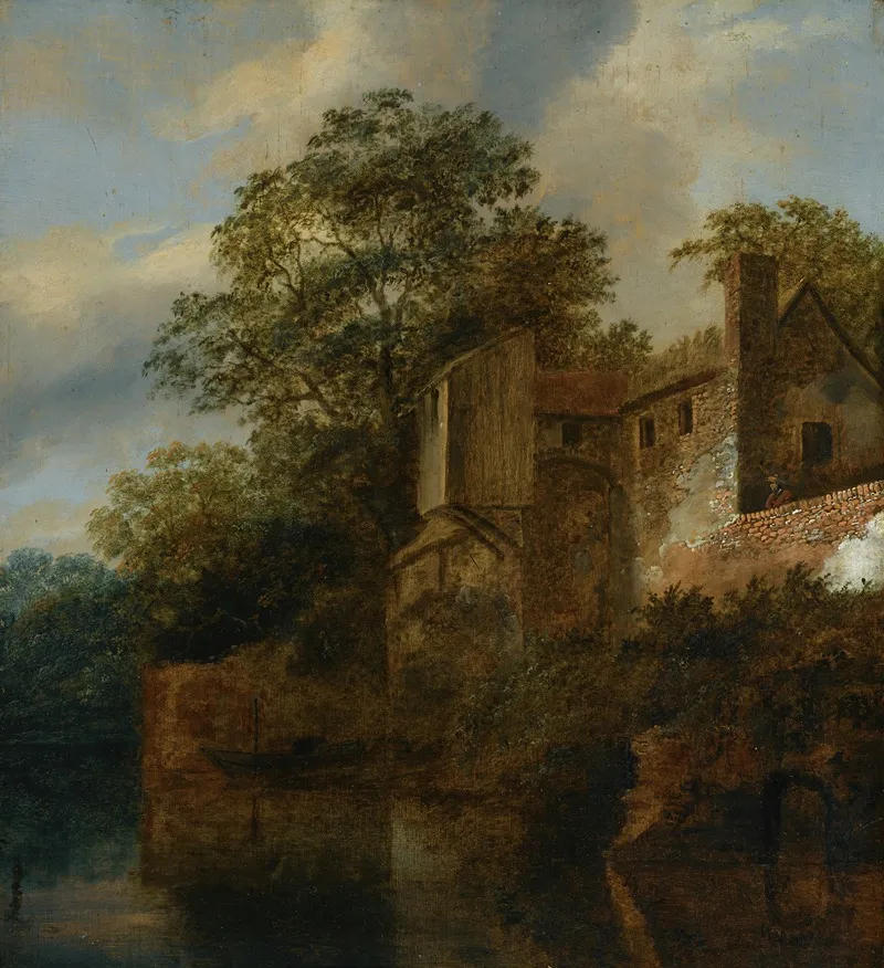 A Figure Standing By A Stone House Along A River Wall Art by Cornelis Gerritsz Decker - High-Resolution Digital Print