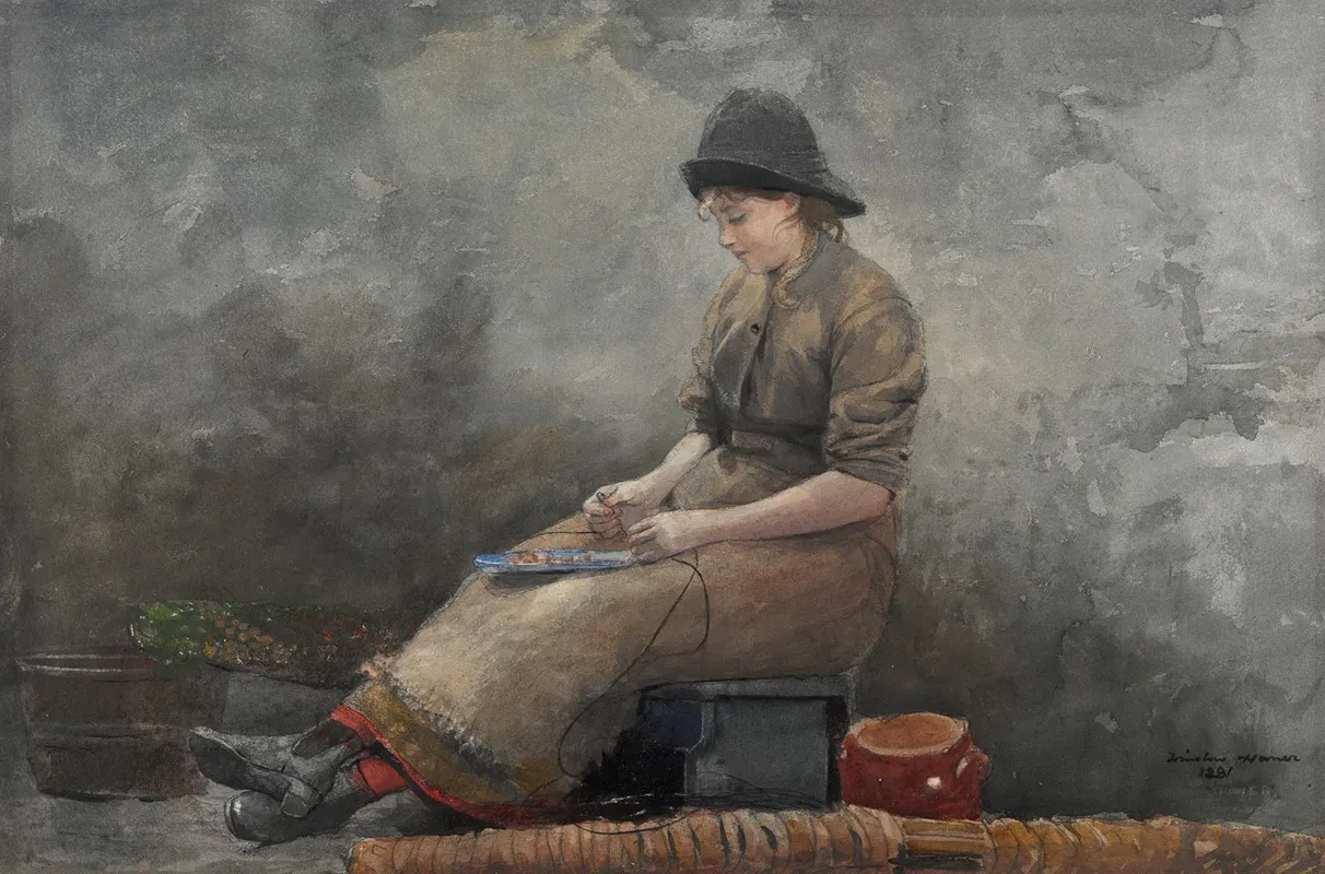 A Fishergirl Baiting Lines Wall Art by Winslow Homer - High-Resolution Digital Print