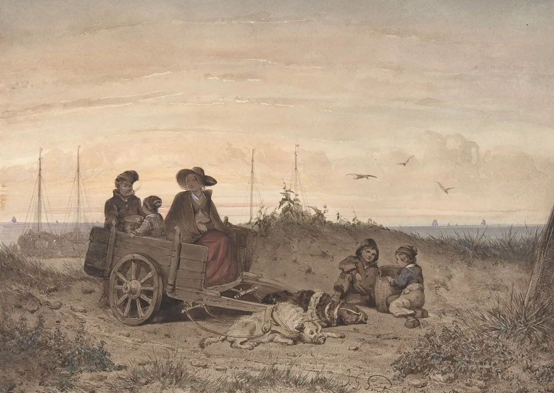 A Fishermans Family At The Beach The Mother And One Of The Children Sitting In A Cart Wall Art by Jan Gerard Smits - High-Resolution Digital Print