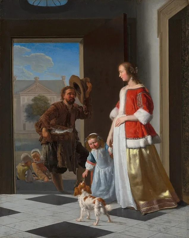 A Fishmonger At The Door Wall Art by Jacob Ochtervelt - High-Resolution Digital Print