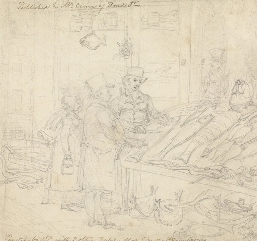 A Fishmongers Shop With Customers Outside Wall Art by James Pollard - High-Resolution Digital Print