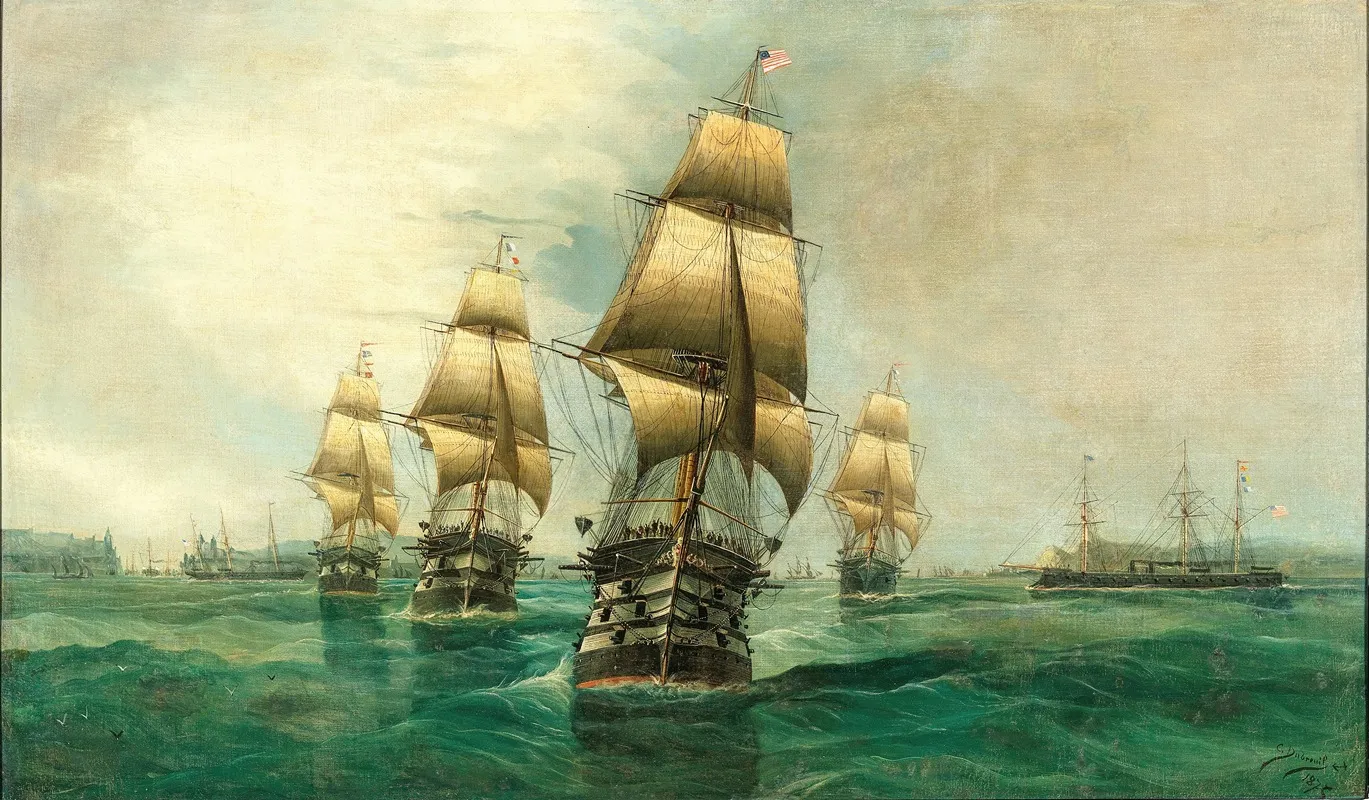 A Fleet Parade Of American French Ships In The Background A Harbour Exit Wall Art by Cheri Francois Dubreuil - High-Resolution Digital Print