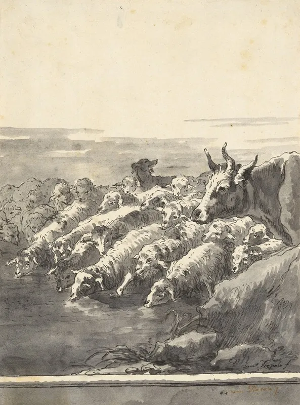 A Flock Of Sheep Drinking At A Pool With A Bullock And A Dog Wall Art by Giovanni Domenico Tiepolo - High-Resolution Digital Print
