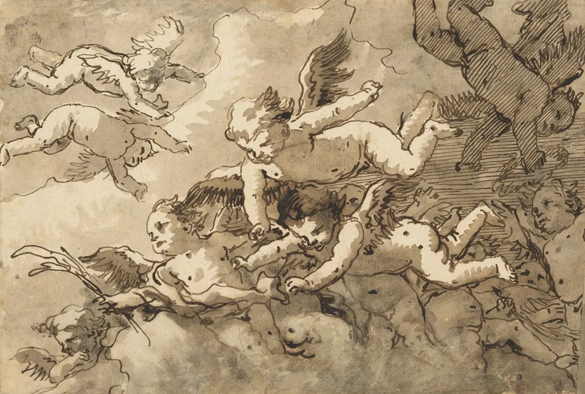 A Flock Of Winged Cherubs In The Sky One Holding A Martyrs Palm Wall Art by Giovanni Domenico Tiepolo - High-Resolution Digital Print