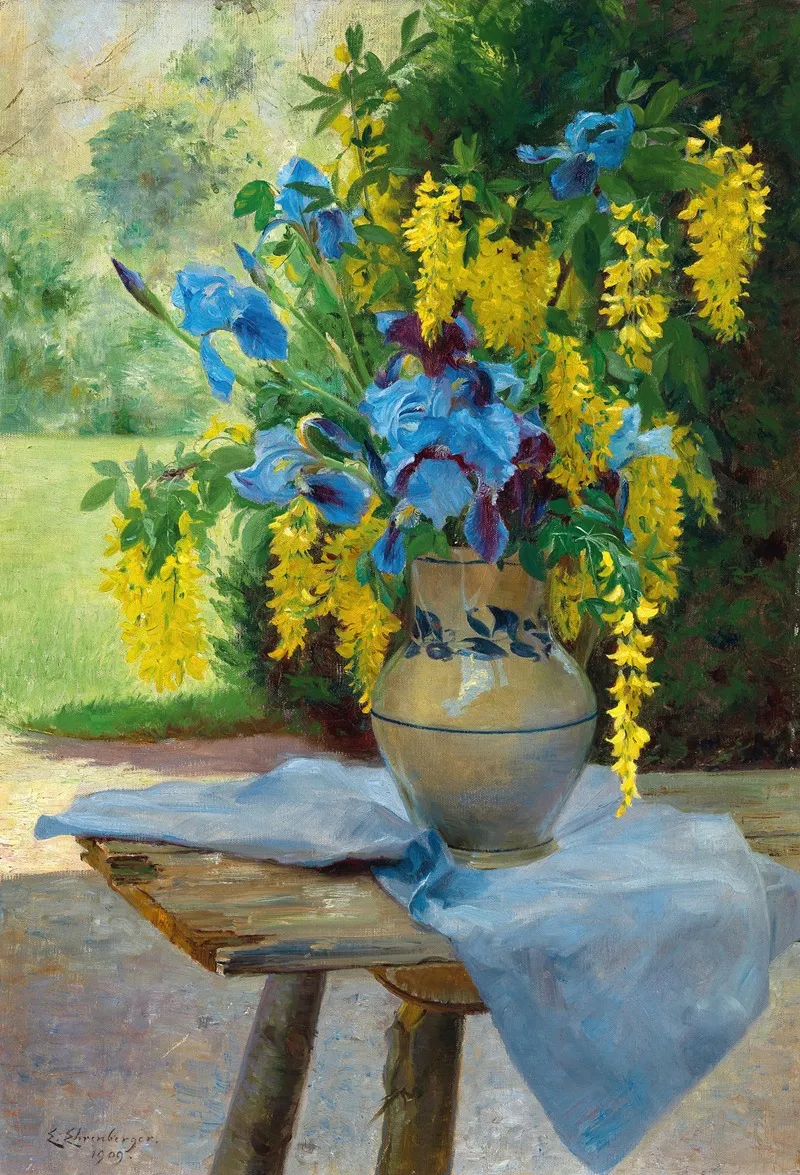 A Floral Bouquet With Irises And Laburnum Wall Art by Ella Wetzko-Ehrenberger - High-Resolution Digital Print