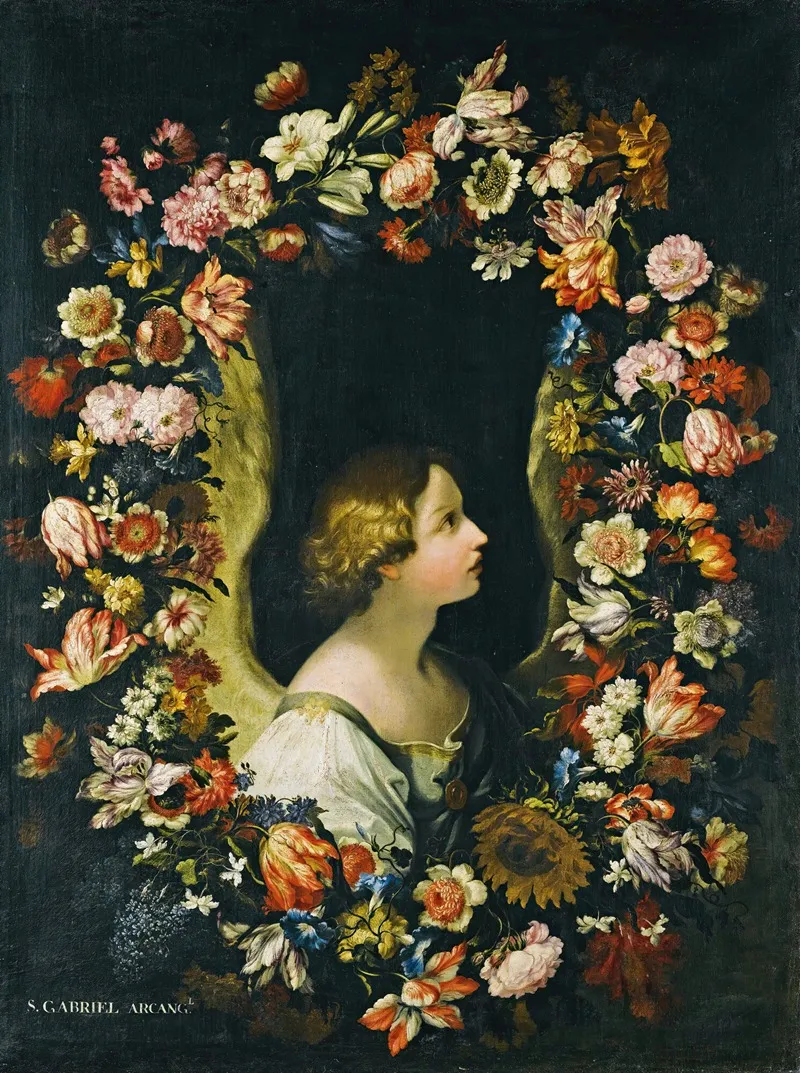 A Flower Garland Surrounding The Angel Gabriel Wall Art by Francesco Caldei - High-Resolution Digital Print