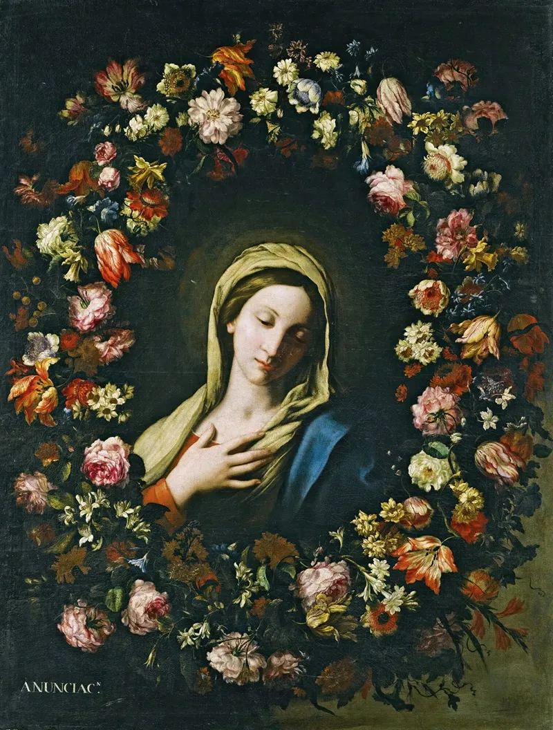 A Flower Garland Surrounding The Virgin Annunciate Wall Art by Francesco Caldei - High-Resolution Digital Print