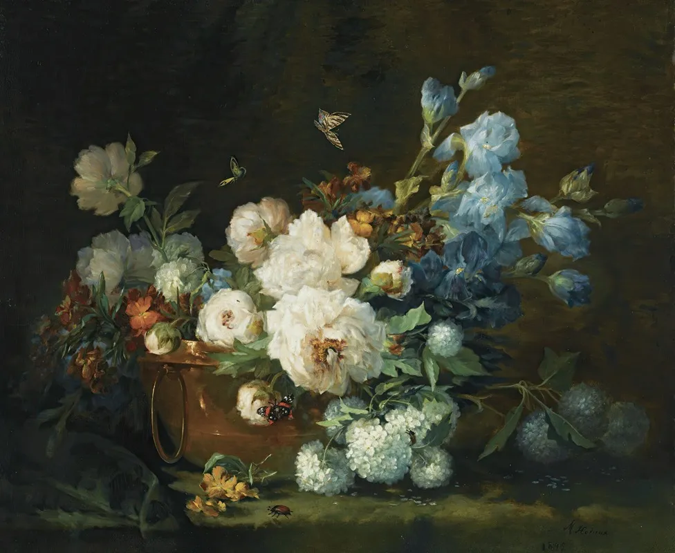 A Flower Still Life With Peonies Irises Hydrangea In A Copper Kettle A Beetle And Butterflies Wall Art by Marie Beloux-Hodieux - High-Resolution Digital Print