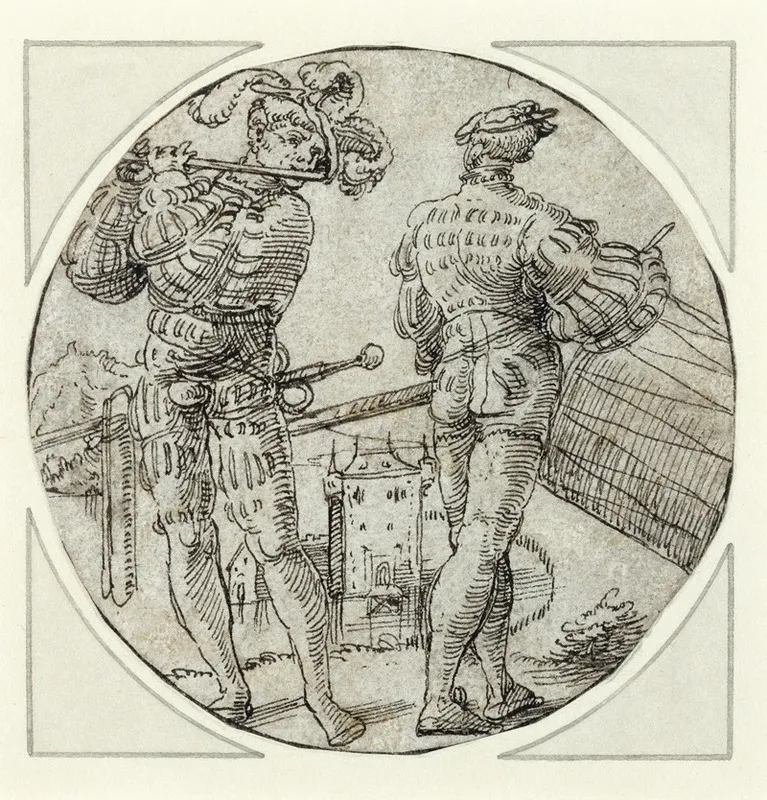 A Flutist And Drummer Before A Moated Castle Wall Art by Master of the Berlin Roundels - High-Resolution Digital Print
