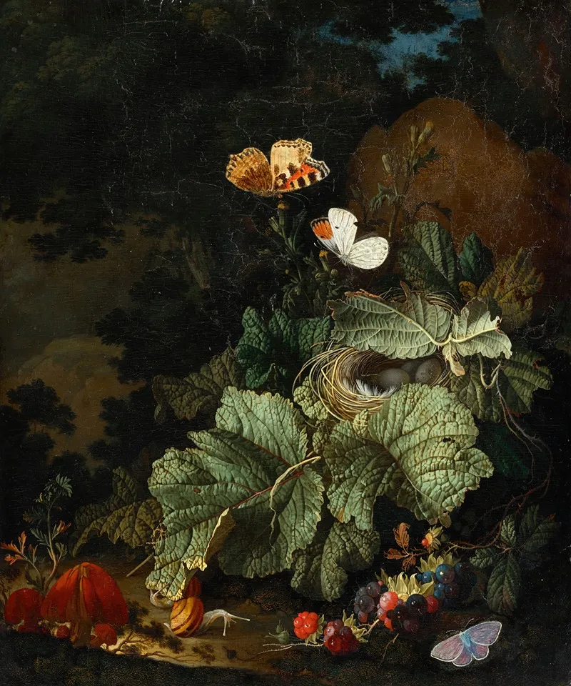 A Forest Floor Still Life With A Birds Nest Toadstools Snails Boysenberries Aurora And Common Blue Butterflies Wall Art by Elias van den Broeck - High-Resolution Digital Print