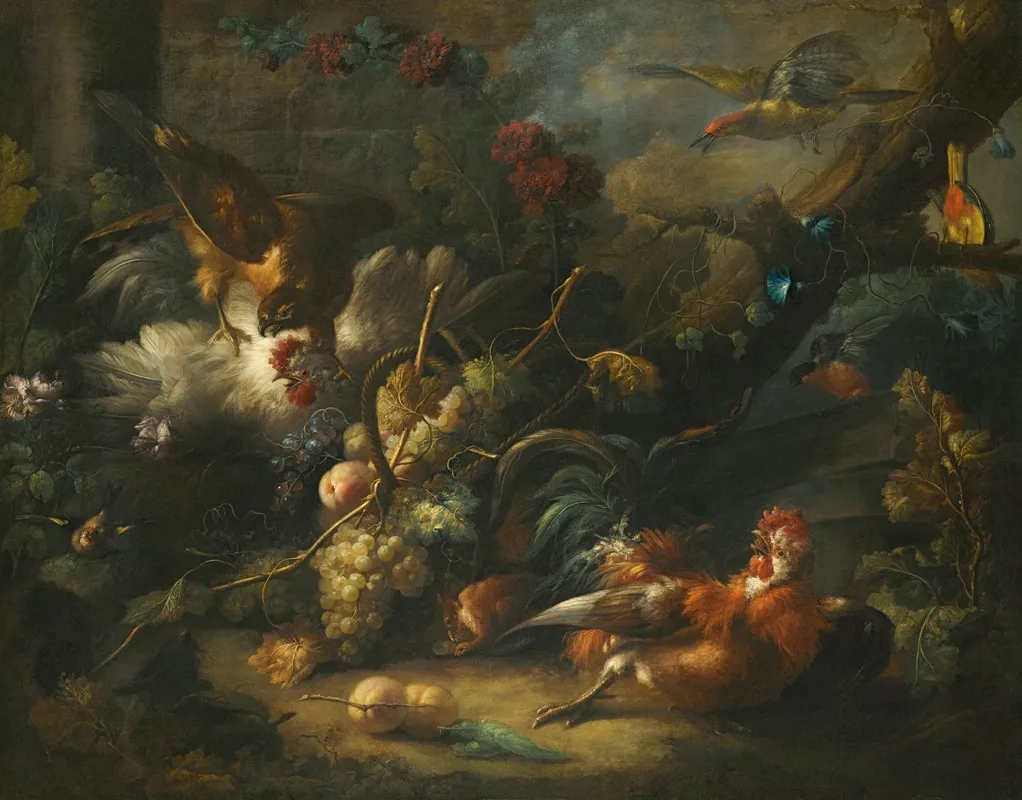 A Forest Floor Still Life With Poultry Attacked By A Hawk Wall Art by Johann Baptist Drechsler - High-Resolution Digital Print