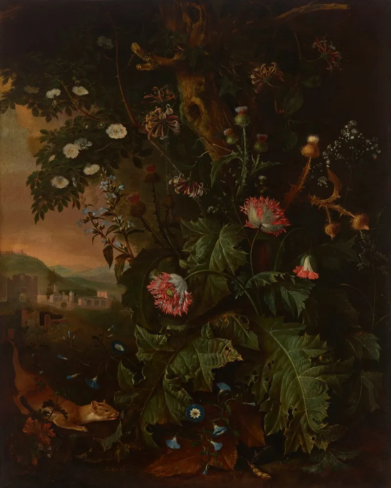 A Forest Floor With A Weasel Mouse Opium Poppy And Thistle A View Of Rome In The Background Wall Art by Matthias Withoos - High-Resolution Digital Print