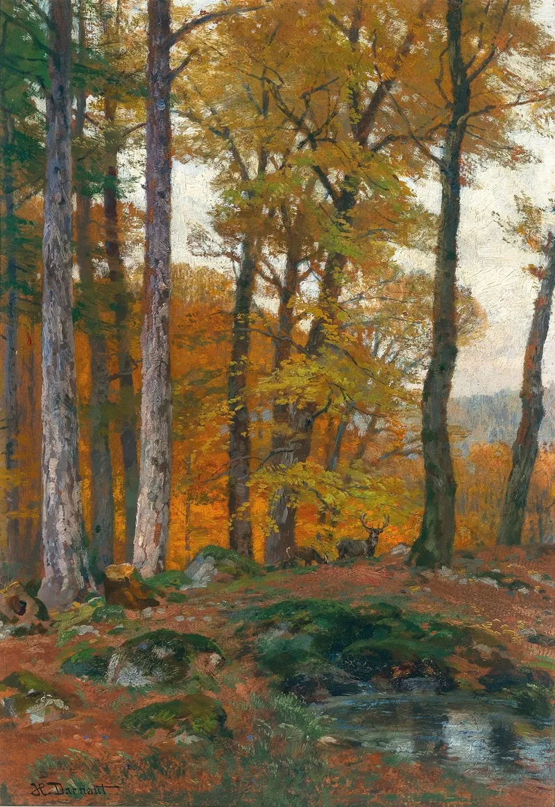 A Forest Glade With Stags In Autumn