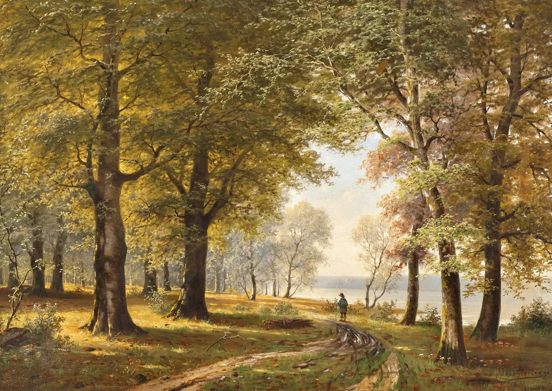 A Forest Path With Hiker In Autumn
