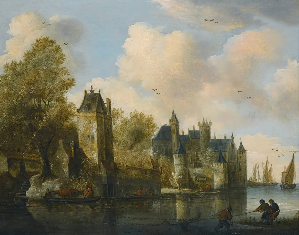 A Fortified Town On A River With A Ferry