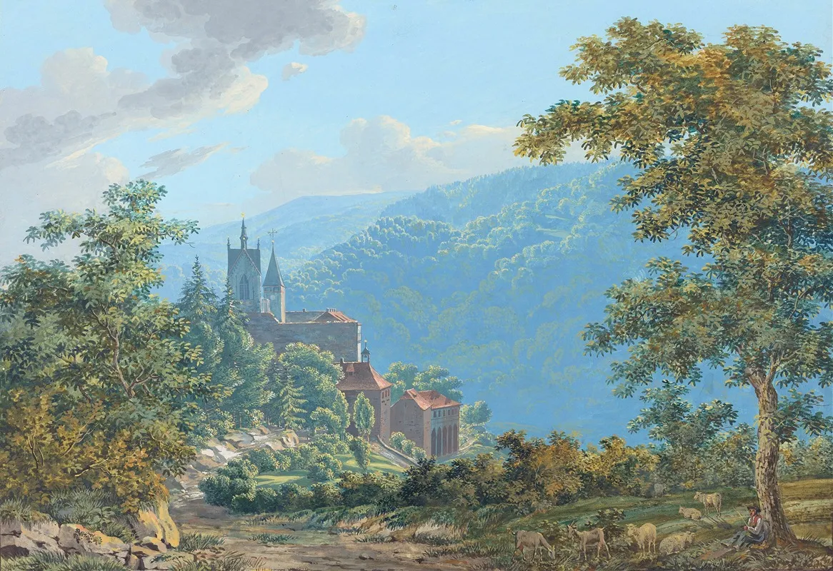 A Fortress In A Mountain Landscape At Sunrise Wall Art by Jakob Wilhelm Huber - High-Resolution Digital Print