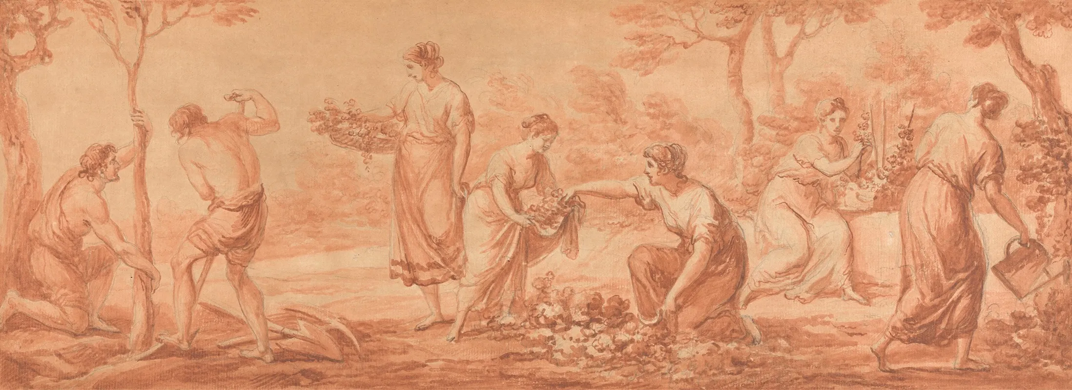 A Frieze Men Planting Trees Women Gathering Blossoms And Watering Flowers Wall Art by Angelica Kauffmann - High-Resolution Digital Print