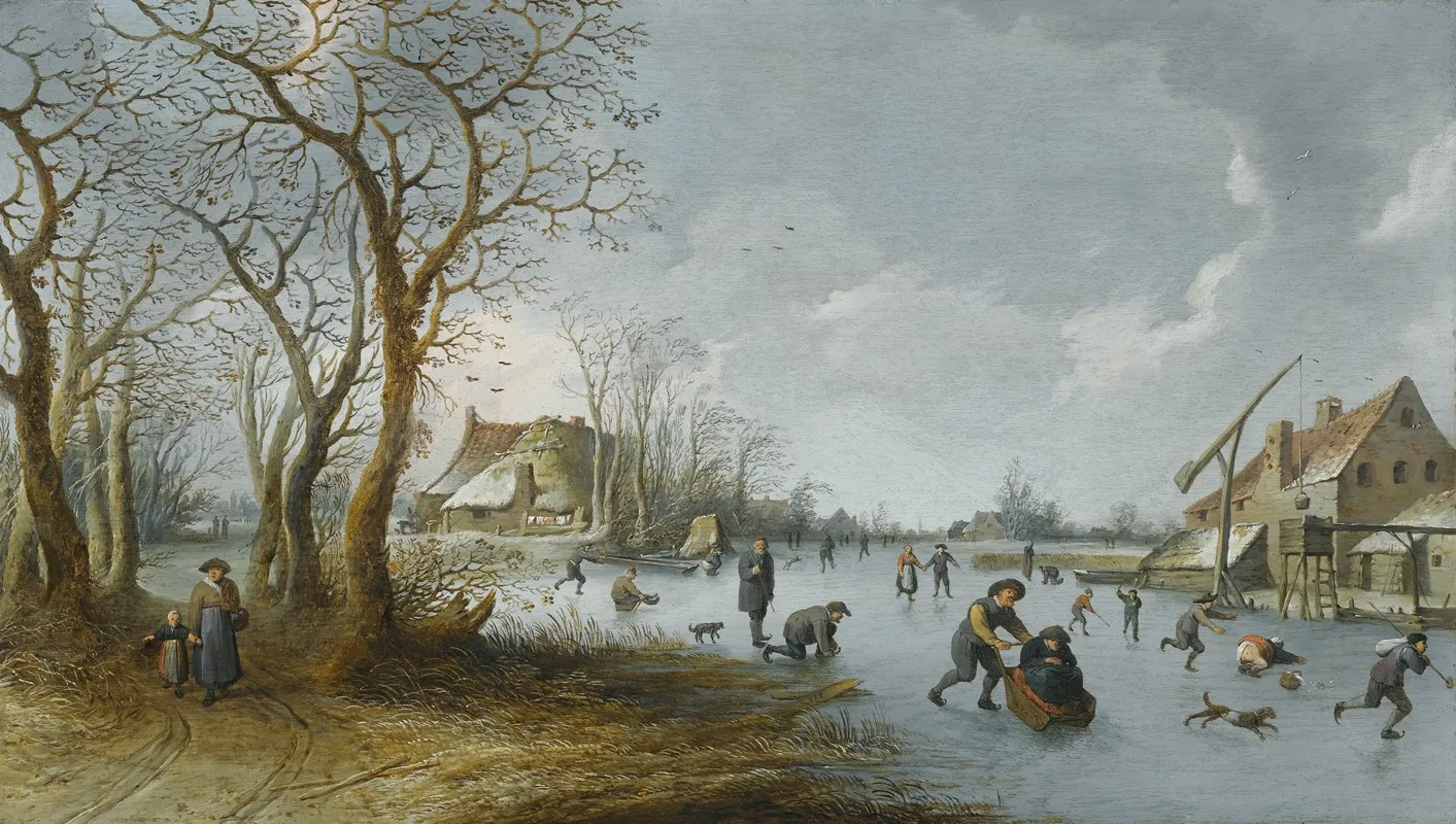 A Frozen River Landscape With A Man Pushing His Wife Along The Ice In A Sledge