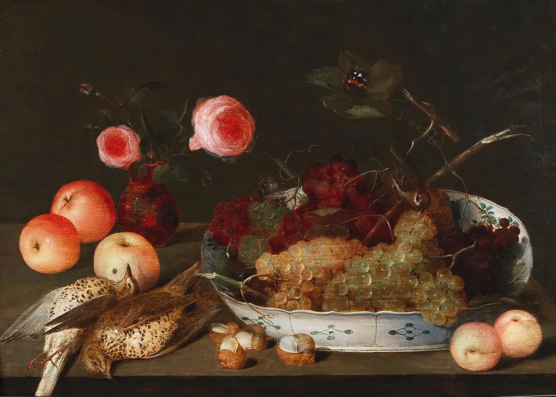 A Fruit And Flower Still Life With Birds Wall Art by Peter Binoit - High-Resolution Digital Print