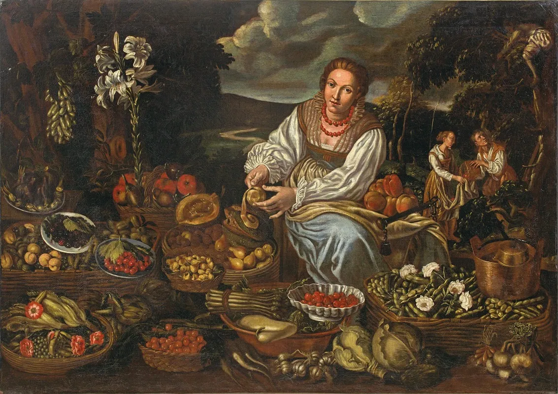 A Fruit And Vegetable Seller Surrounded By Her Wares Wall Art by Vincenzo Campi - High-Resolution Digital Print