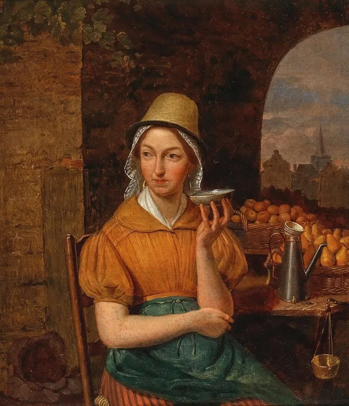 A Fruit Seller With A Town In The Background Wall Art by Antwerp School - High-Resolution Digital Print