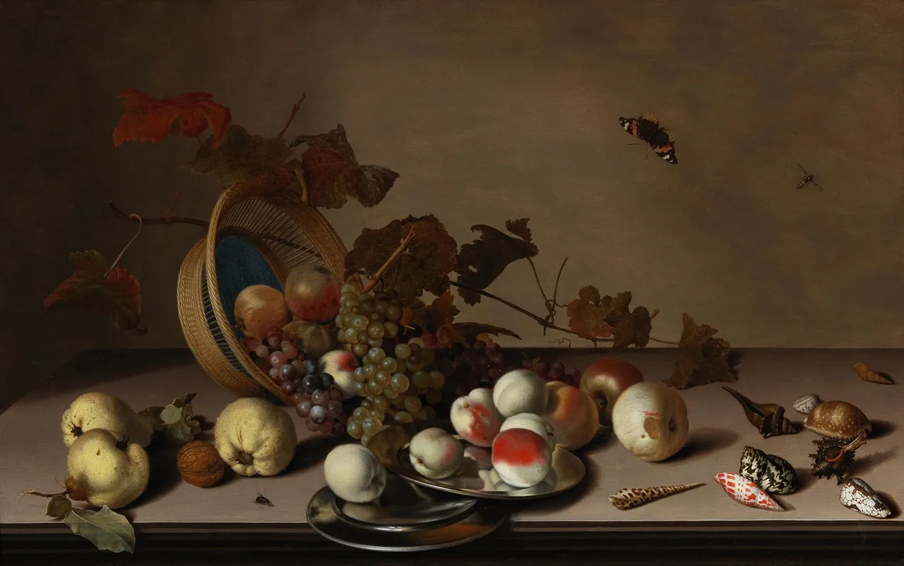 A Fruit Still Life With A Wicker Basket Shells And A Butterfly Wall Art by Balthasar van der Ast - High-Resolution Digital Print
