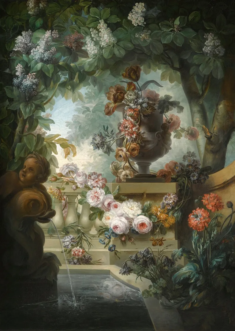 A Garden Scene With An Urn Of Flowers A Flower Garland And A Fountain Beneath A Canopy Of Wisteria Wall Art by Miguel Parra Abril - High-Resolution Digital Print