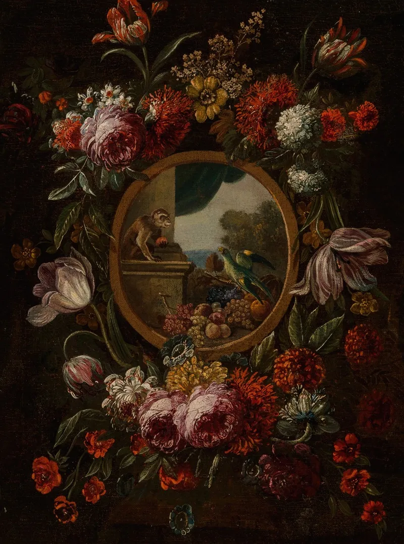 A Garland Of Flowers Encircling A Tondo With Fruit Monkey And Parrot Wall Art by Circle of Karel van Vogelaer - High-Resolution Digital Print