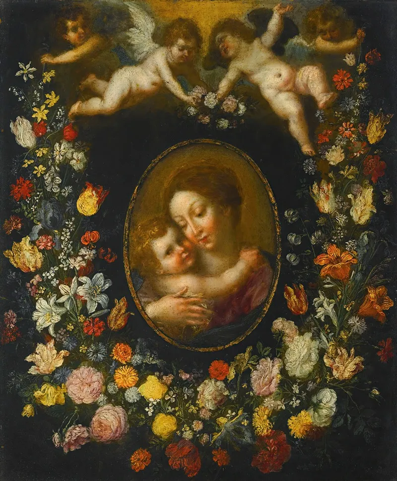 A Garland Of Flowers Encircling An Oval Of The Virgin And Child Born Aloft By Angels Wall Art by Workshop Of Jan Brueghel The Younger - High-Resolution Digital Print