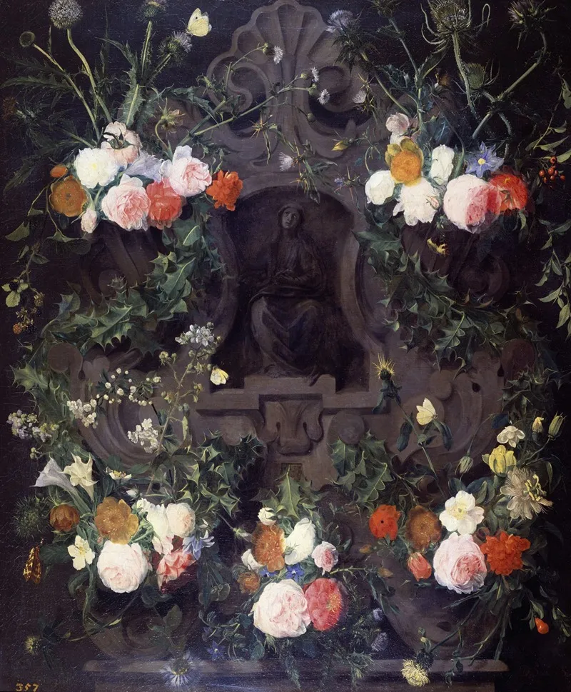 A Garland Of Flowers On A Carved Stone Medallion Wall Art by Daniel Seghers - High-Resolution Digital Print