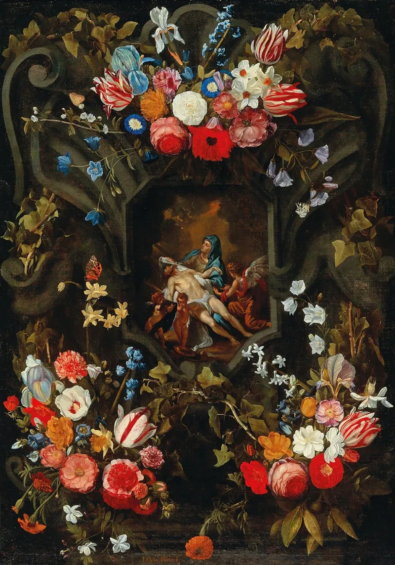 A Garland Of Flowers Surrounding A Cartouche With A Pieta Wall Art by Jan Philips van Thielen - High-Resolution Digital Print
