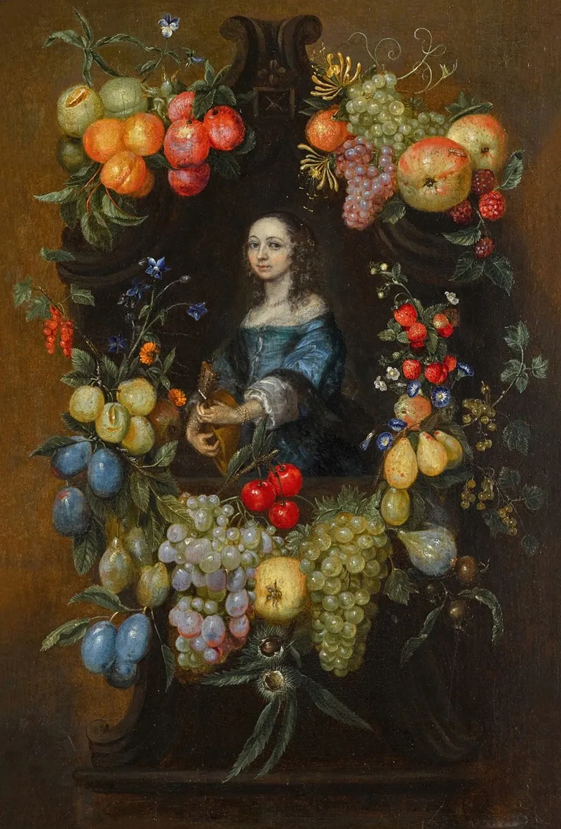 A Garland Of Fruit And Flowers Surrounding A Portrait Of A Lady In A Blue Dress Holding A Guitar Wall Art by Catarina Ykens - High-Resolution Digital Print