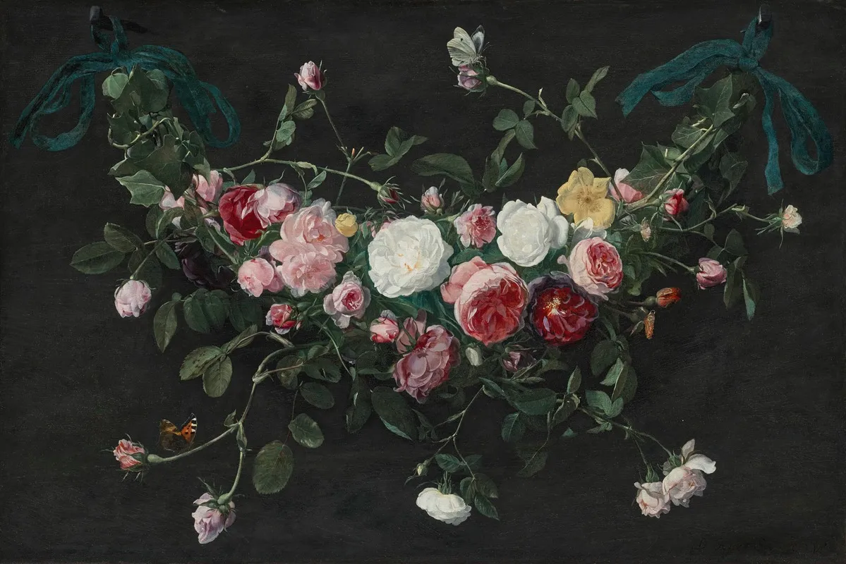 A Garland Of Roses And Ivy Suspended By Ribbons With A Cabbage White And A Tortoiseshell Butterfly Wall Art by Daniel Seghers - High-Resolution Digital Print