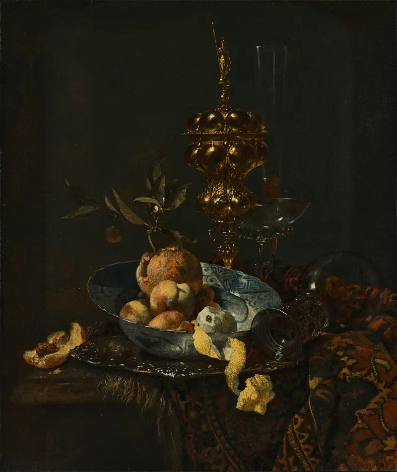 A Gilt Cup And Cover A Roemer A Facon De Venise Glass Peaches Oranges And A Peeled Lemon In A Porcelain Bowl On A Partially Draped Table Wall Art by Willem Kalf - High-Resolution Digital Print