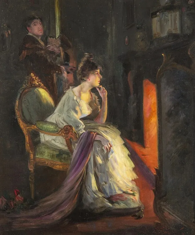 A Girl By The Fireside Wall Art by Jan Skramlík - High-Resolution Digital Print
