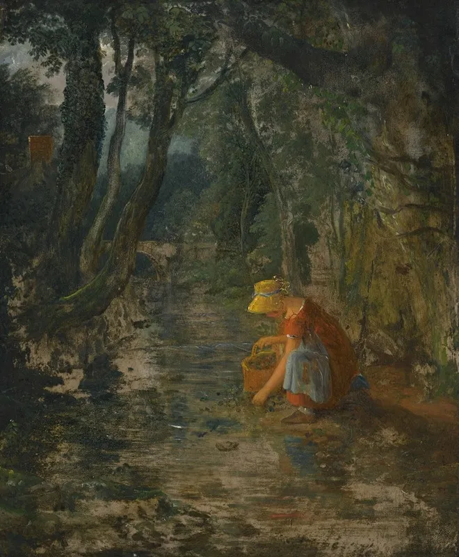 A Girl Collecting Berries By A Brook In A Wooded Landscape