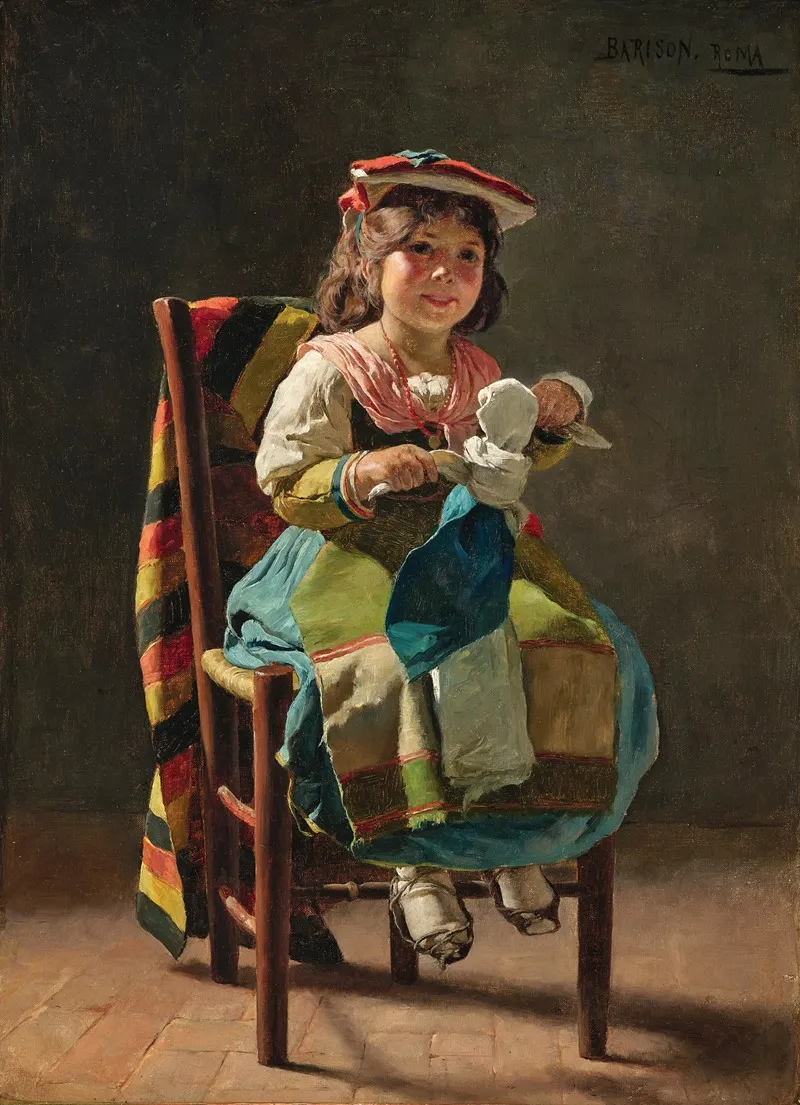 A Girl From The Campagna With A Doll Wall Art by Giuseppe Barison - High-Resolution Digital Print