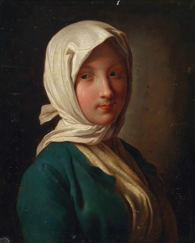 A Girl In A Blue Jacket And White Headscarf Wall Art by Pietro Rotari - High-Resolution Digital Print