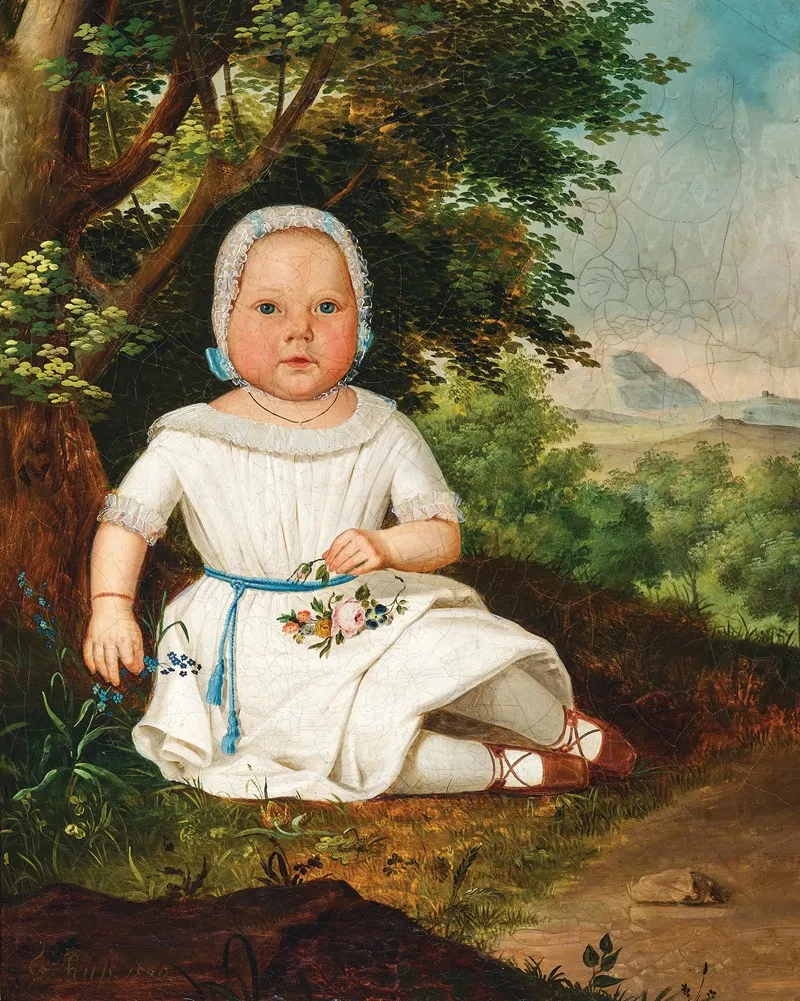A Girl In A White Frock With Bonnet Before A Landscape Background Wall Art by Franz Russ The Elder - High-Resolution Digital Print