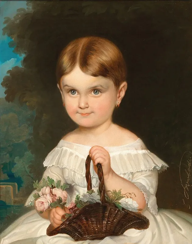 A Girl In A White Frock With Roses Wall Art by Eduard Swoboda - High-Resolution Digital Print