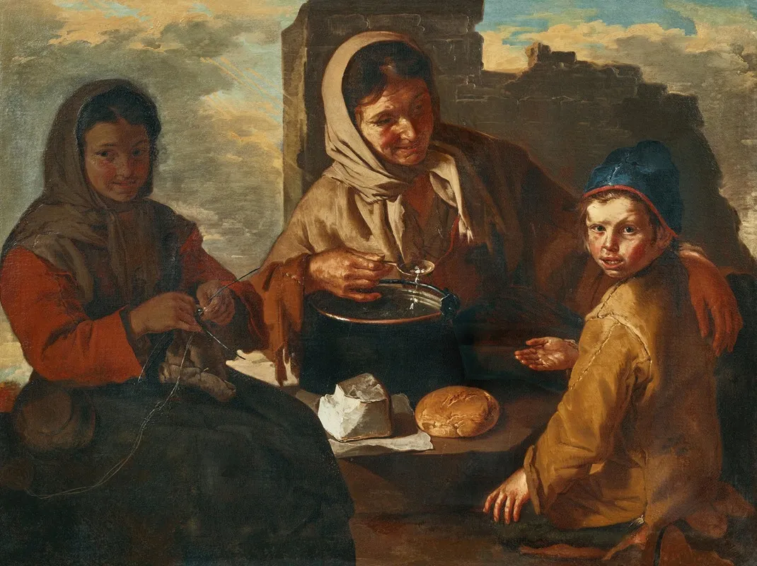 A Girl Knitting And A Woman Feeding A Child Wall Art by Giacomo Francesco Cipper - High-Resolution Digital Print