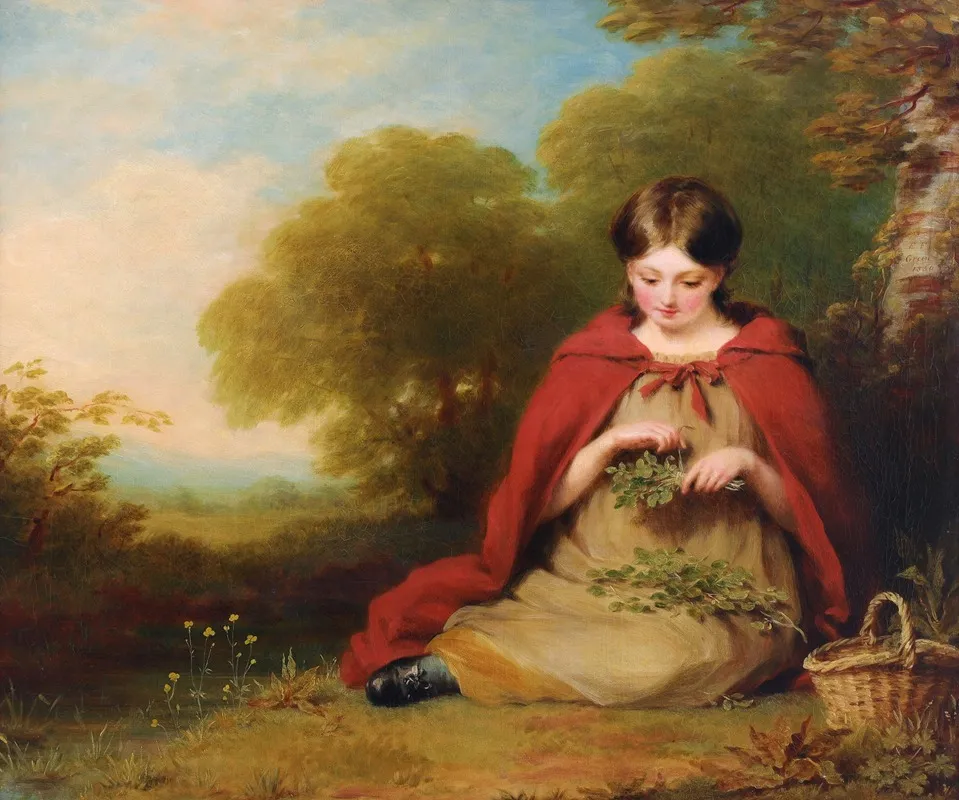 A Girl Picking Herbs By A Stream Wall Art by Edward Frederick Green - High-Resolution Digital Print