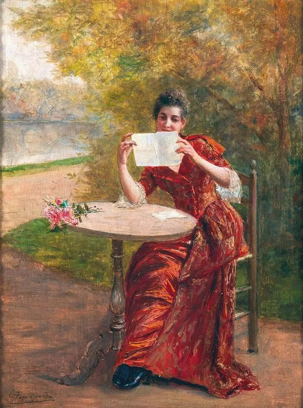 A Girl Reading A Letter In A Park Landscape Wall Art by Georges van den Bos - High-Resolution Digital Print